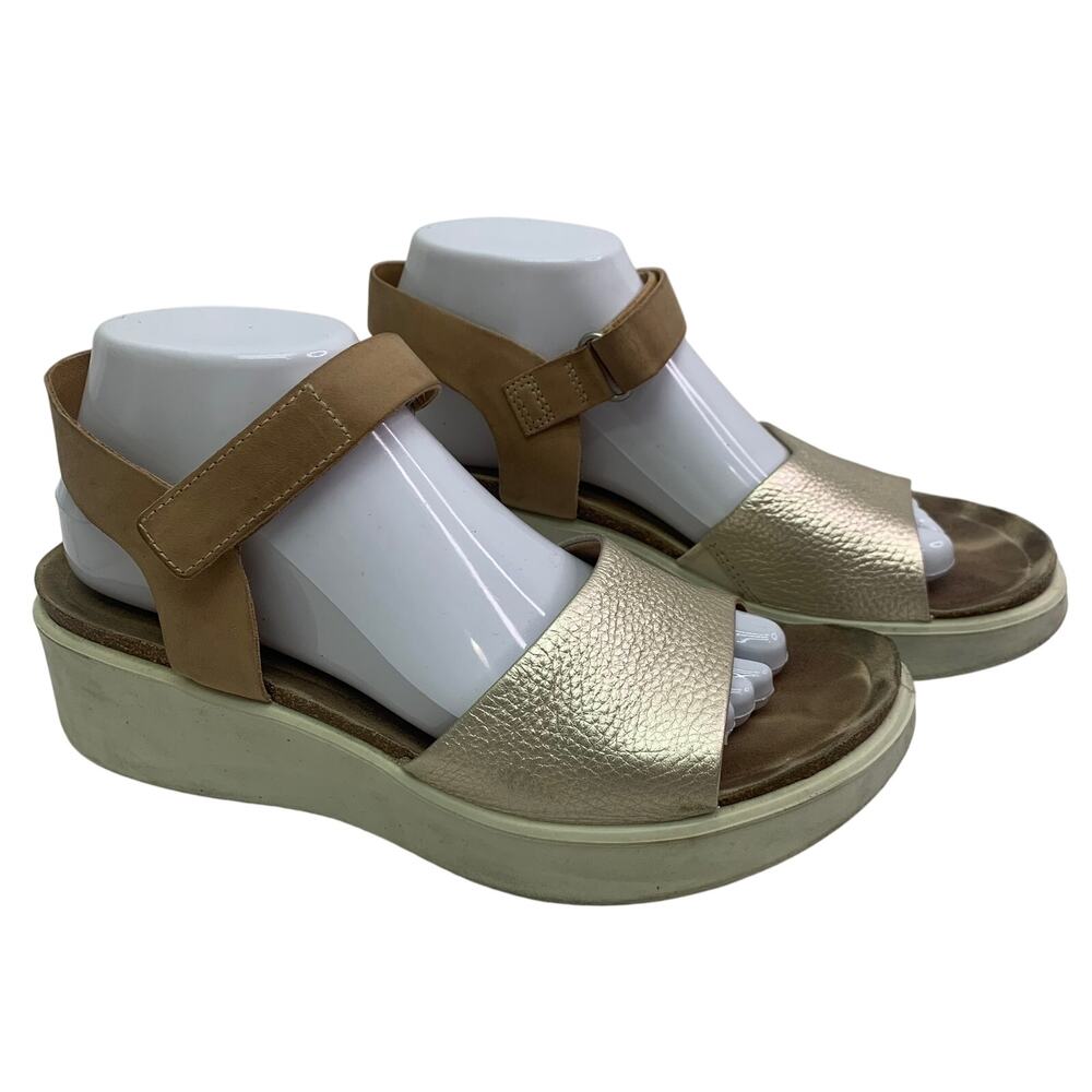 Ecco Flowt Wedge Cork Womens 9-9.5 Gold Leather Sandals Mid Heel Comfort Shoes